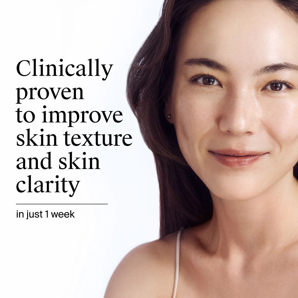 Smiling woman with clear skin, Neutrogena® clinically proven to improve texture and clarity in one week