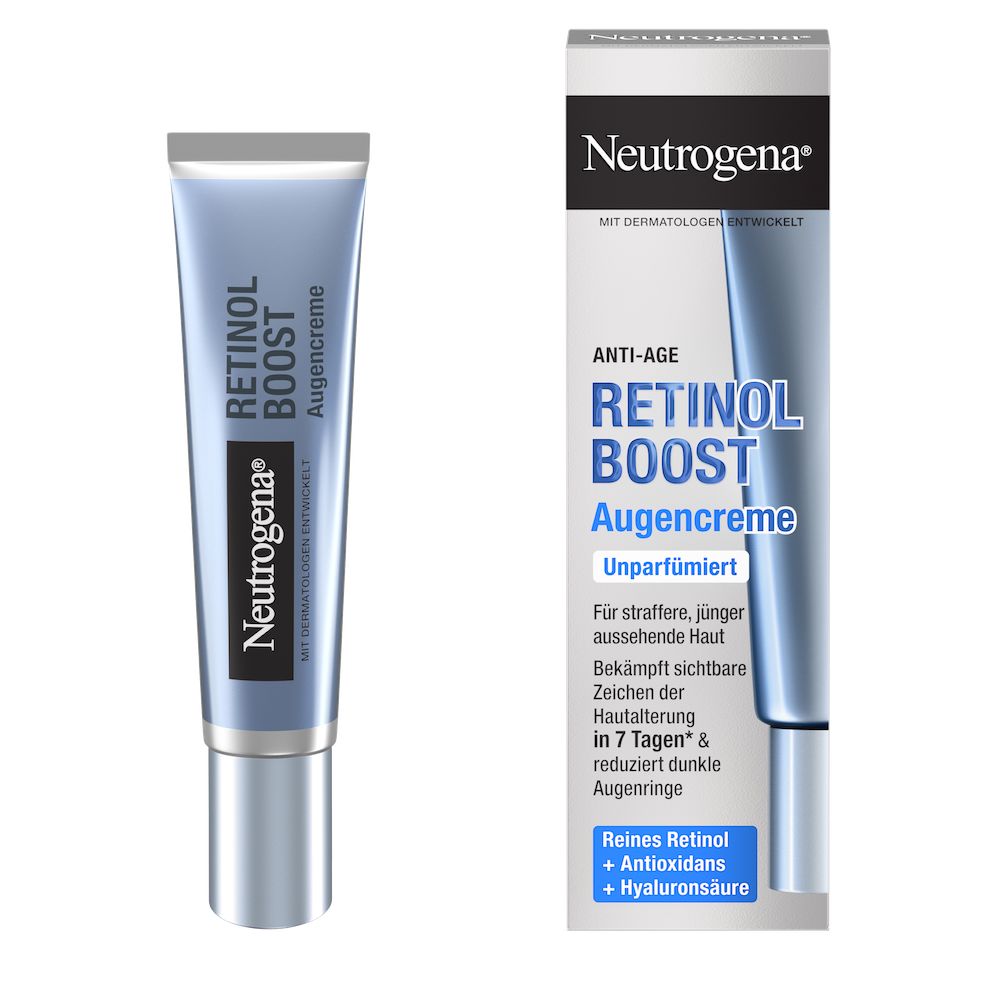 Vorderansicht Neutrogena® Retinol Boost Augencreme Produkt neben der Verpackung