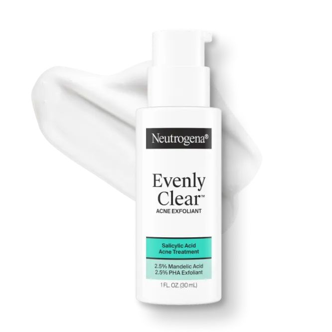 Neutrogena® Evenly Clear™ Acne Exfoliant Front of Packaging, Texture and Formula Consistency