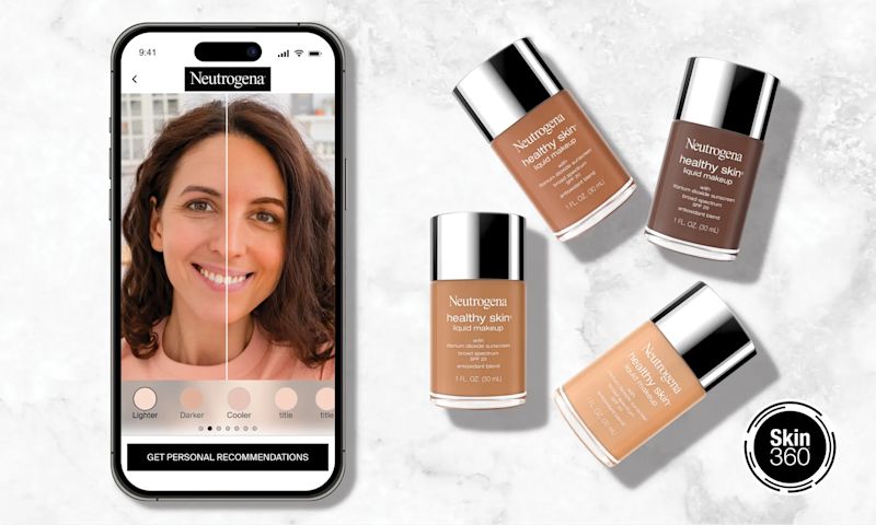 Woman matching different shades of Healthy Skin Liquid Makeup to her face using Neutrogena® Shadefinder