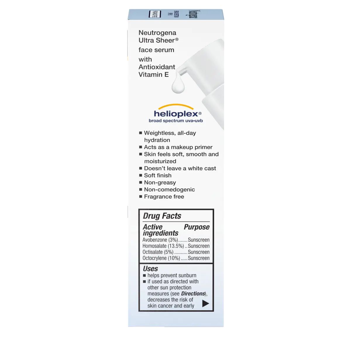 Neutrogena® Ultra Sheer® Oil-Free Face Serum With Vitamin E SPF 60+ Back of pack
