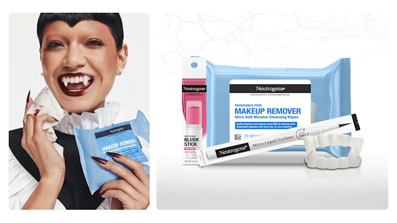 Woman in a vampire halloween costume wiping off red lipstick with Neutrogena® Makeup Remover Ultra Soft Miceller Cleansering Wipes