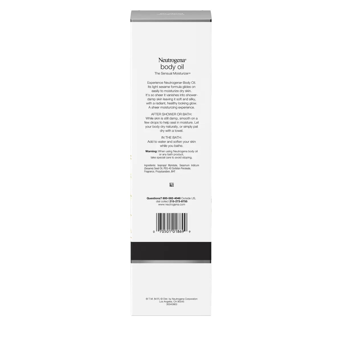Neutrogena® Body Oil, Light Sesame Formula For Dry Skin Back of pack