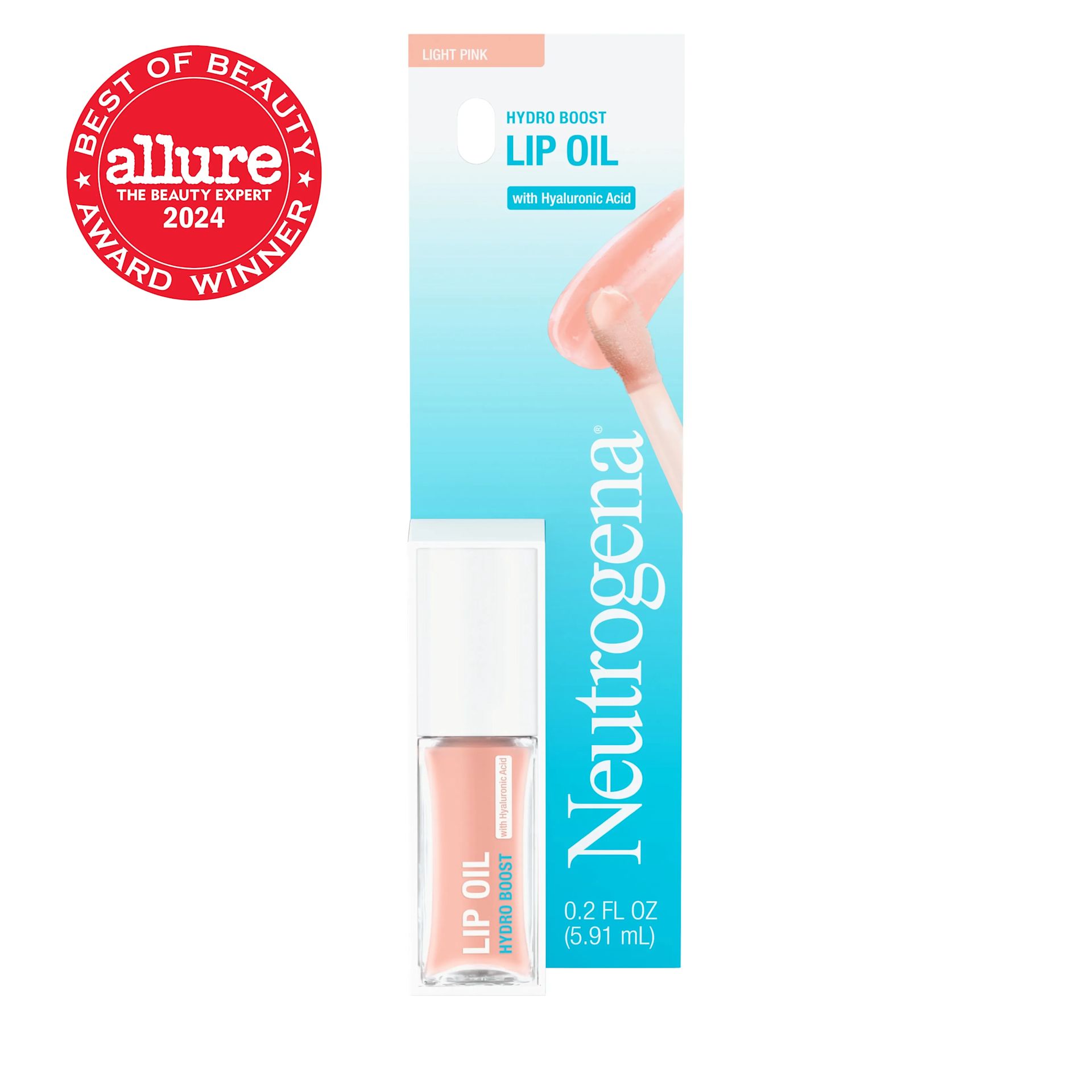 Neutrogena Hydro Boost Lip Oil, Light Pink, .2 Fl. Oz, front pack with Best Beauty Allure 2024 Badge