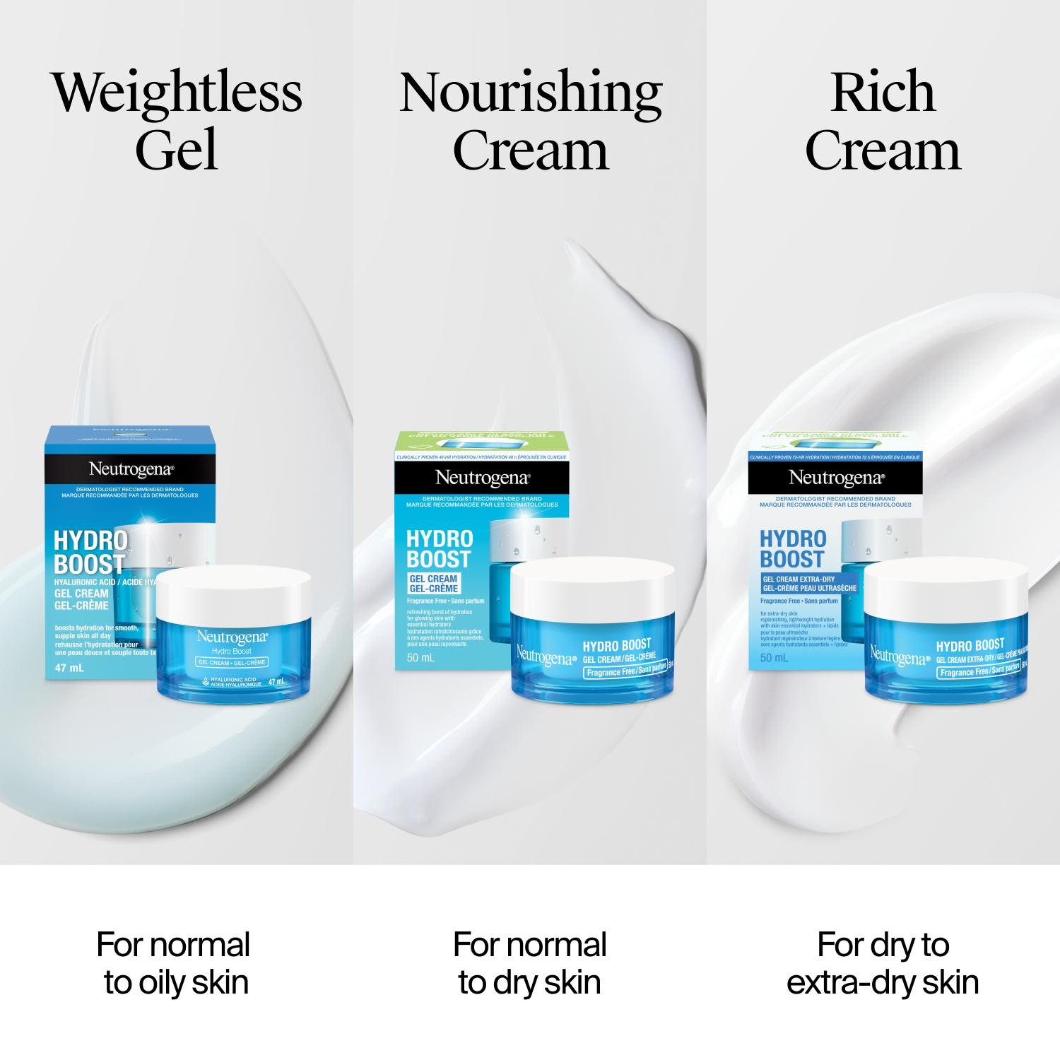 Front shot of three Neutrogena Hydro Boost moisturizer products with different formulas and textures