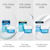 Photo de face de trois produits hydratants Neutrogena Hydro Boost avec différentes formules et textures