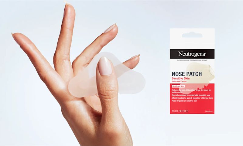 A hand holds up a clear nose patch next to a package of Neutrogena Nose Patches for Sensitive Skin.