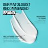 Product smear on a blue background and claim indicating 'dermatologist recommended brand'