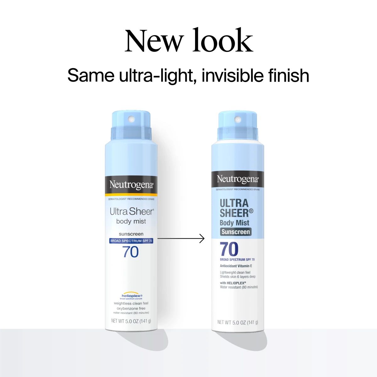 Neutrogena® Ultra Sheer® SPF 70 body mist sunscreen pack redesign comparison