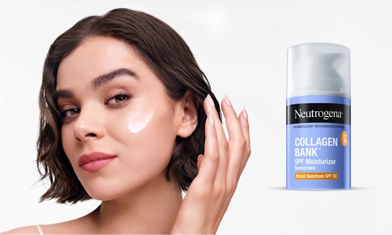 Woman applying Neutrogena® Collagen Bank™ SPF Moisturizer Broad Spectrum SPF 30 to face alongside product packaging