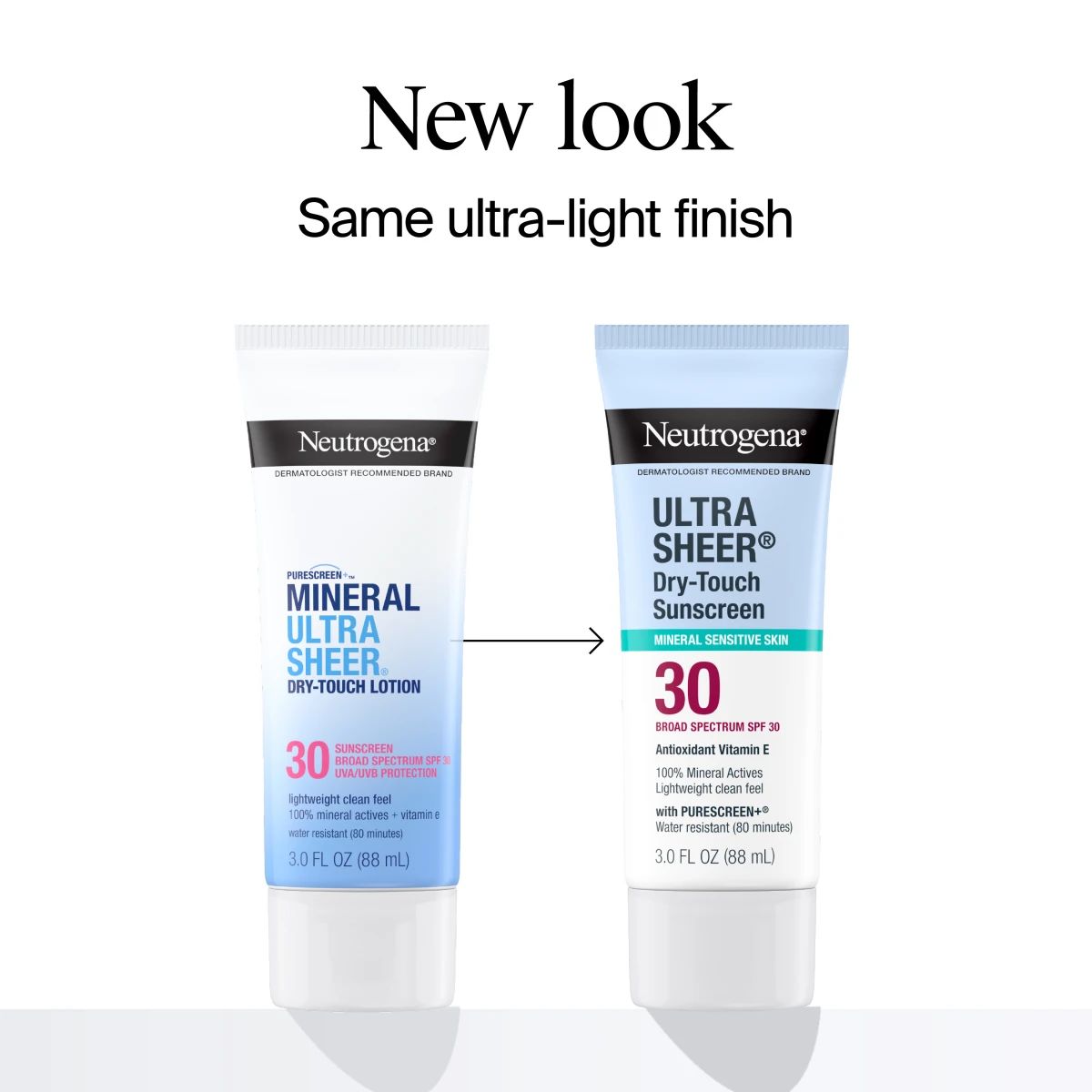Two Neutrogena® Ultra Sheer® SPF 30 tubes showing old and new packaging separated by an arrow