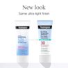 Two Neutrogena® Ultra Sheer® SPF 30 tubes showing old and new packaging separated by an arrow
