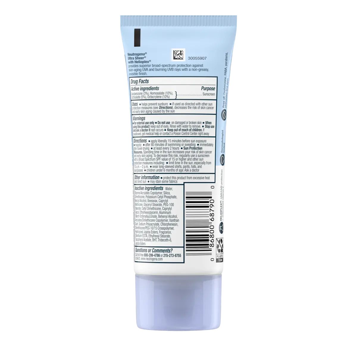 Neutrogena® Ultra Sheer® Dry-Touch Sunscreen Lotion Broad Spectrum SPF 55, 3 Fl. Oz Back of pack