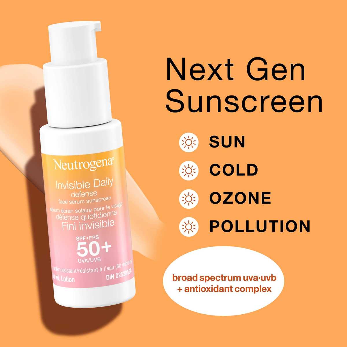 Vue de face du flacon-pompe du Sérum écran solaire pour le visage Neutrogena® Défense quotidienne Fini invisible, FPS 50+.