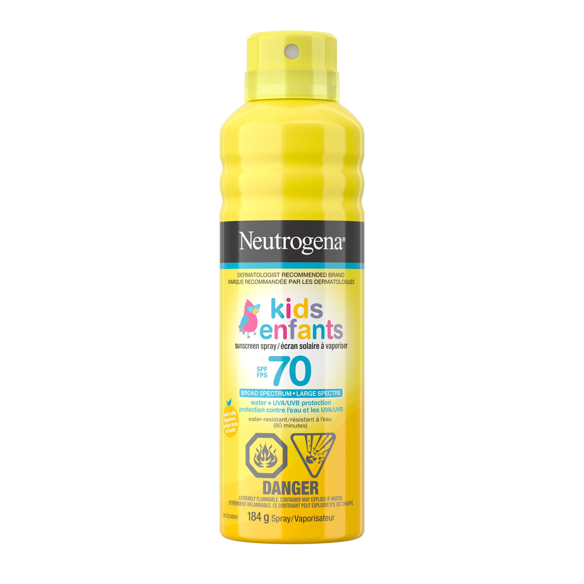 Front shot of NEUTROGENA® Kids Sunscreen Spray SPF 70, bottle 184g