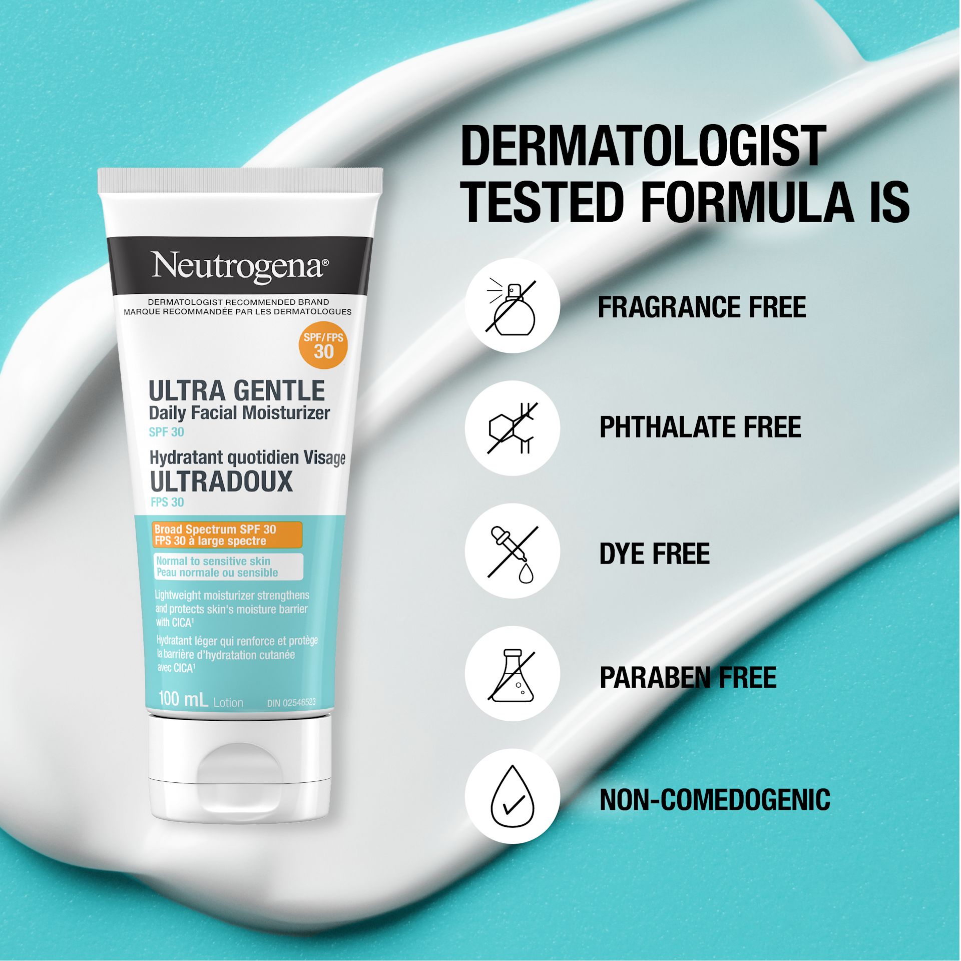 241127 411NTG UG SPFMoisturiser Digital CA EN ML-07 Front shot of Neutrogena® Ultra Gentle Daily Facial Moisturizer SPF 30, squeeze tube 100 mL with a product smear in the background