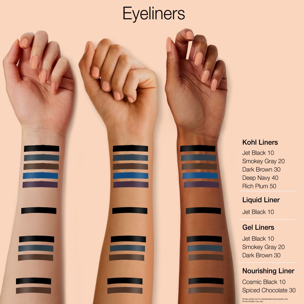Three arms showing Neutrogena® Intense Gel Eyeliner swatch colors