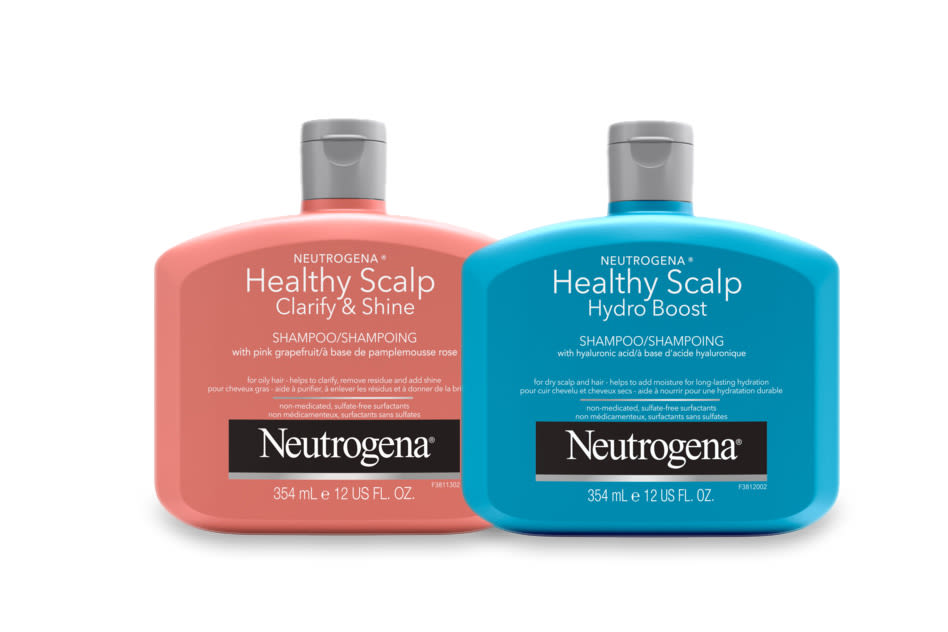 Two bottles of Neutrogena Healthy Scalp Clarify & Shine shampoo and Healthy Scalp Hydro Boost shampoo, 354ml