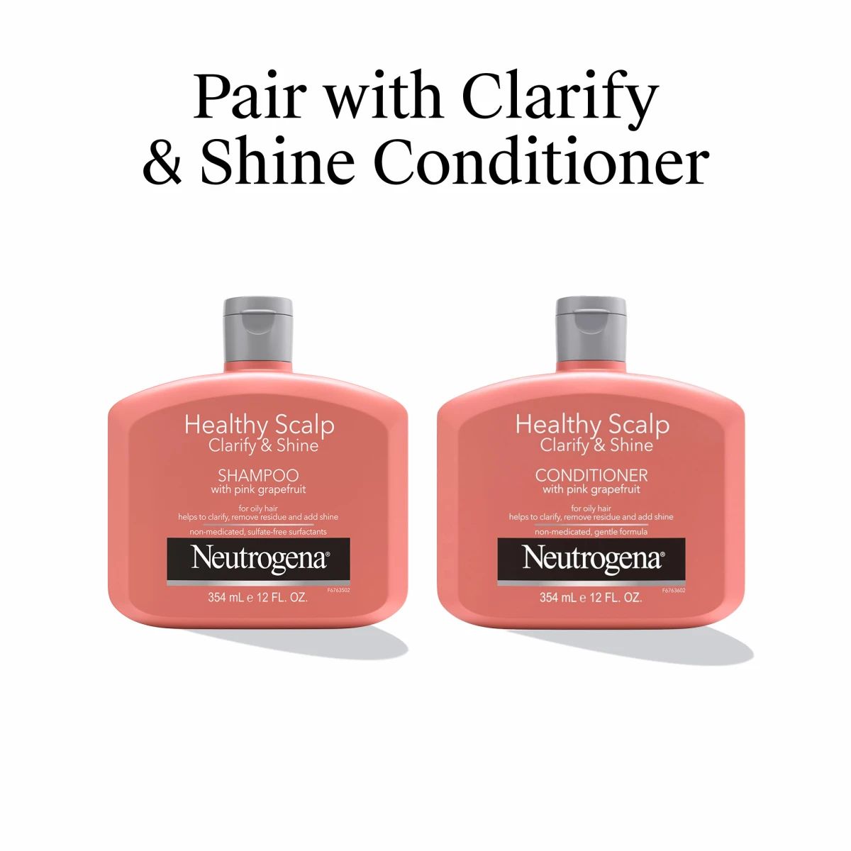 Neutrogena Healthy Scalp Clarify & Shine Shampoo and Conditioner set with pink grapefruit, paired together under the text "Pair with Clarify & Shine Conditioner."