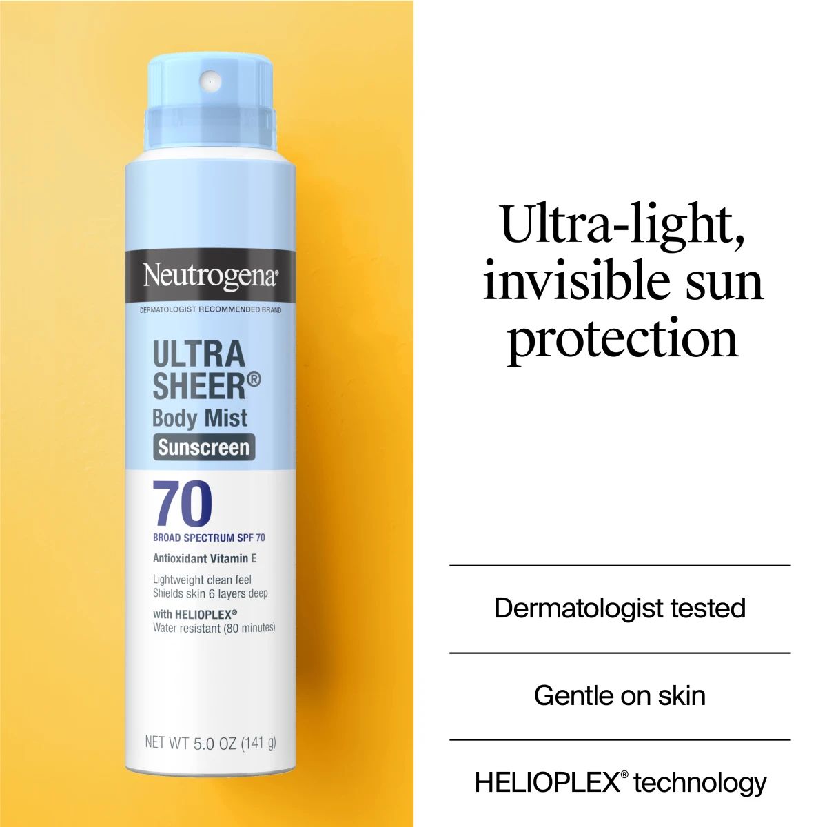 Neutrogena® Ultra Sheer® Body Mist Sunscreen SPF 70; ultra-light, invisible sun protection