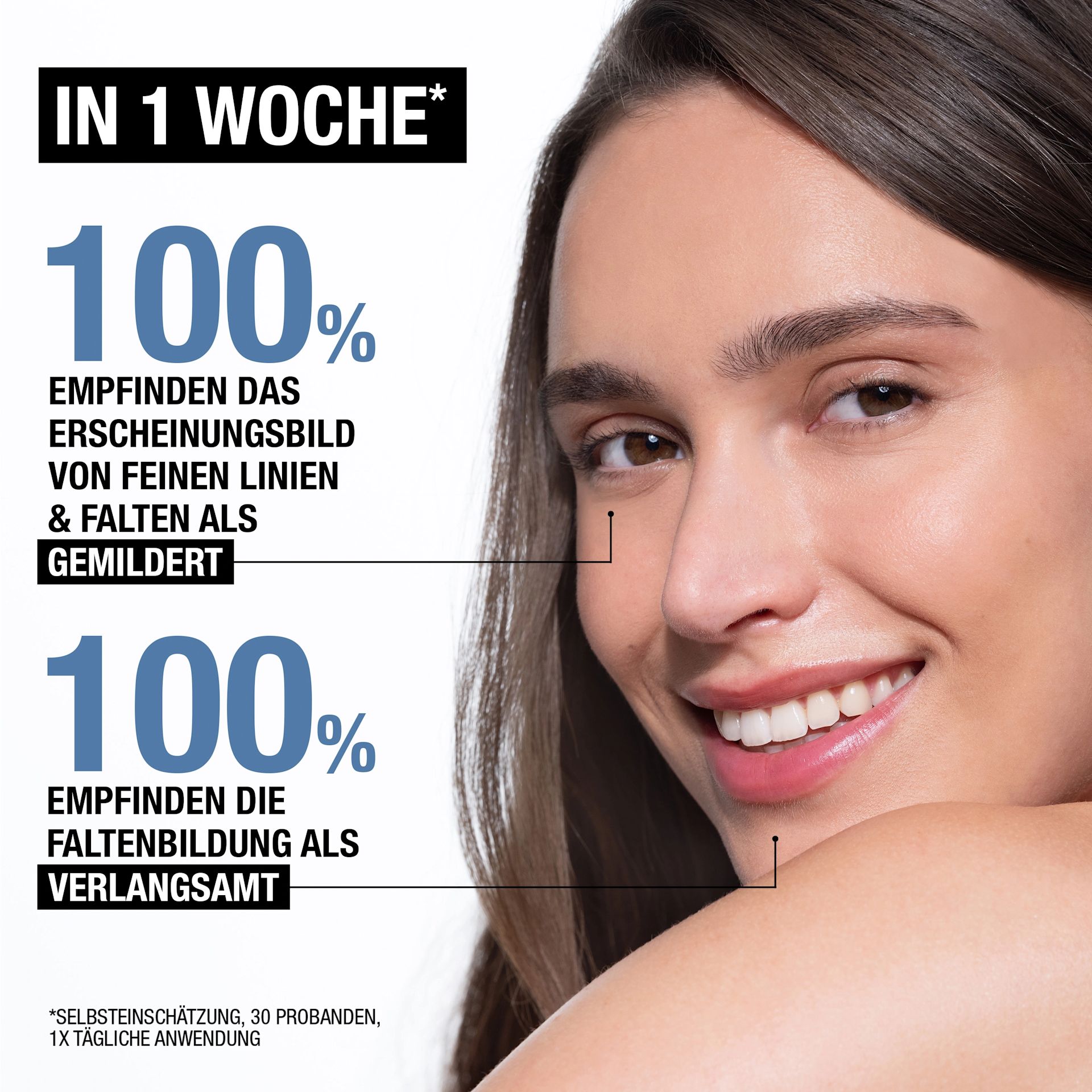 In 1 Woche 100% empfinden feine Linien und Falten als gemildert und Faltenbildung verlangsamt