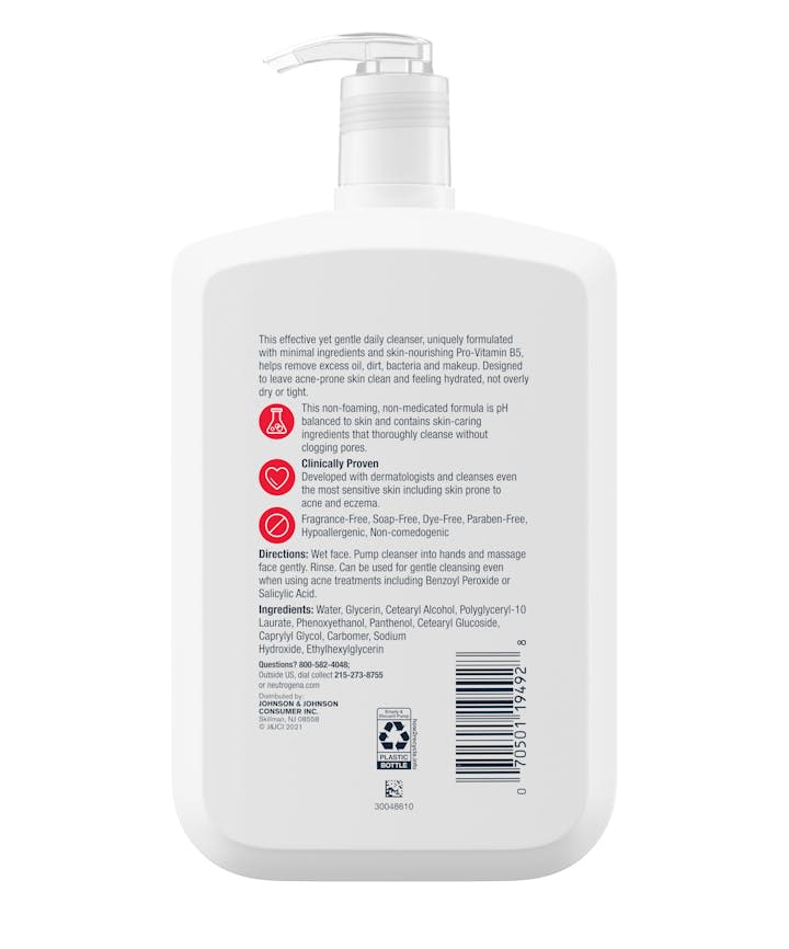 Neutrogena Ultra Gentle Daily Cleanser with Pro-Vitamin B5 for Acne Prone Skin, Fragrance-Free