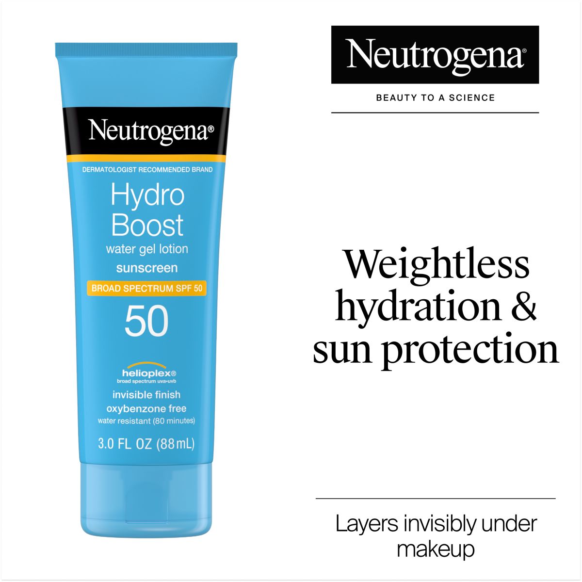 Neutrogena® Hydro Boost SPF 50 Tube: Weightless hydration & sun protection; layers under makeup