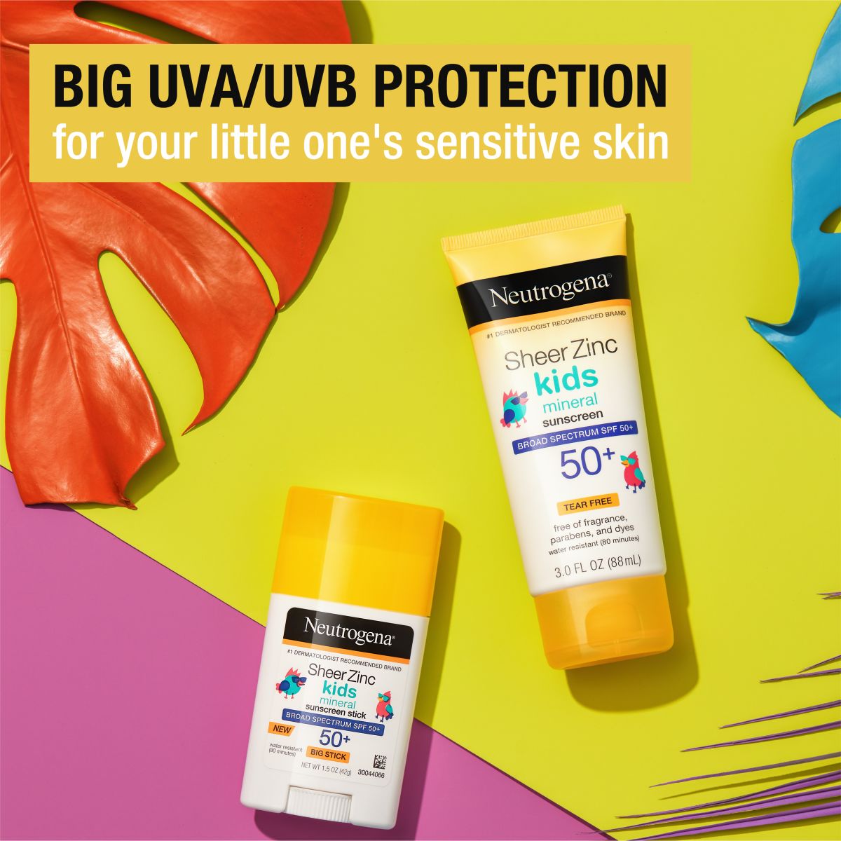 Sheer Zinc Kids SPF 50+ lotion and stick for sensitive skin, tear free, no dyes or fragrance