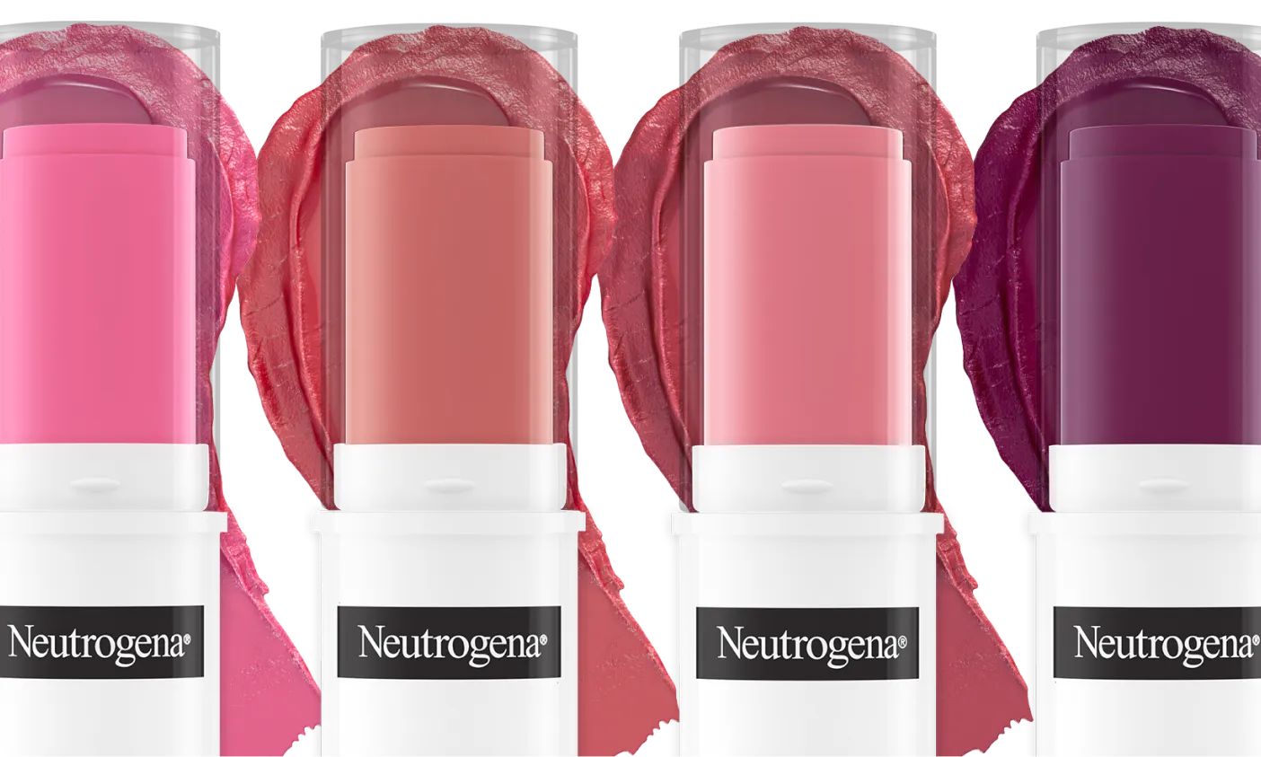 Neutrogena® Healthy Glow Blush Stick assorted shades with a texture swatch of each in the background