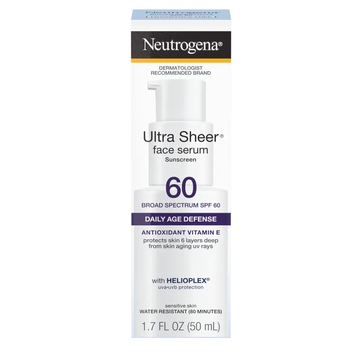 Neutrogena® Ultra Sheer® Oil-Free Face Serum With Vitamin E SPF 60+ Front of pack