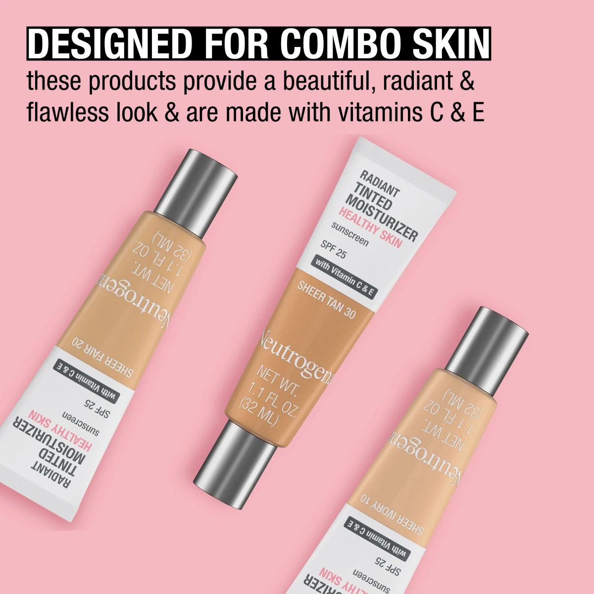 Three Neutrogena® tinted moisturizer tubes for combo skin with vitamins C and E