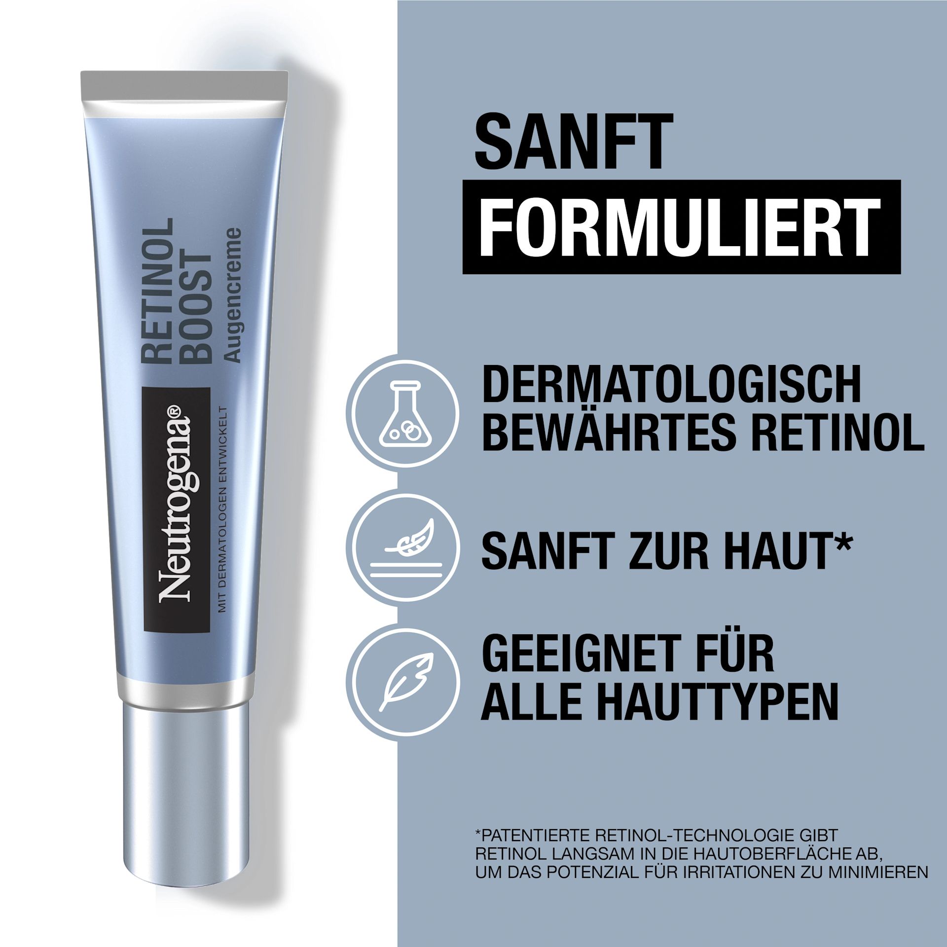 Sanft formuliert, dermatologisch bewährtes Retinol, sanft zur Haut, geeignet für alle Hauttypen
