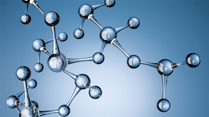 Bannière affichant une illustration 3D des molécules de glucose en bleu