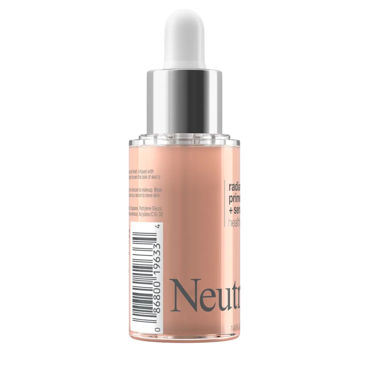 Neutrogena® Healthy Skin Radiant Primer + Serum, 1.0 Fl. Oz, left angled package view showing barcode