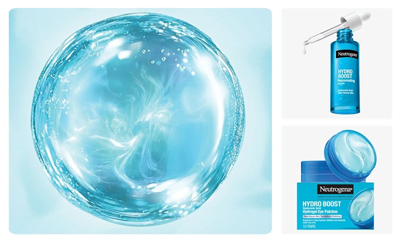 Tiled Image with a magnified drop of Neutrogena® Hydro Boost Rejuevanting serum formula, Rejuevanting serum bottle outside packaging and Hydrogel Eye Patches in and outside their box