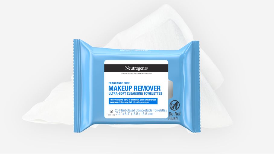 Neutrogena makeup remover cleansing wipes in front of stylized background.