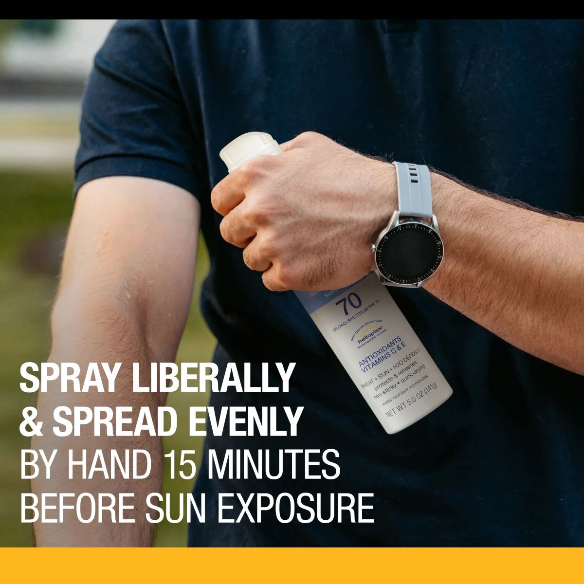 Person wearing smartwatch holding Neutrogena® Sport SPF 70, apply 15 minutes before sun exposure