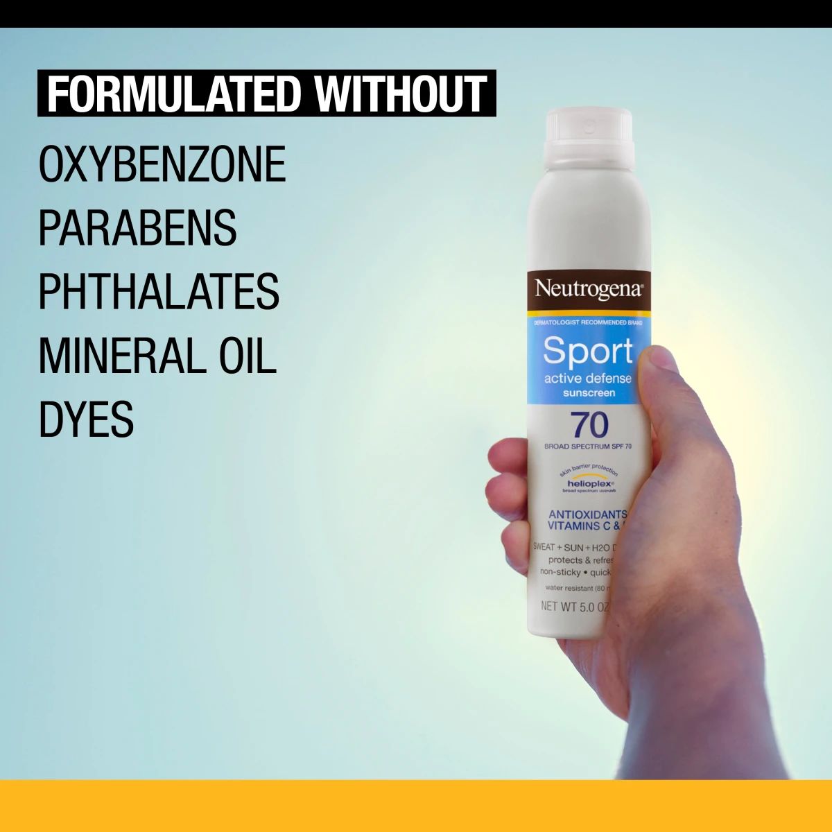 Hand holding Neutrogena® Sport SPF 70 formulated without oxybenzone, parabens, or phthalates