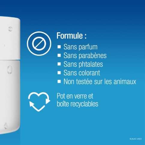 Texte disant «Formule sans parfum, sans parabènes, sans phtalates, sans colorants, non testée sur les animaux»