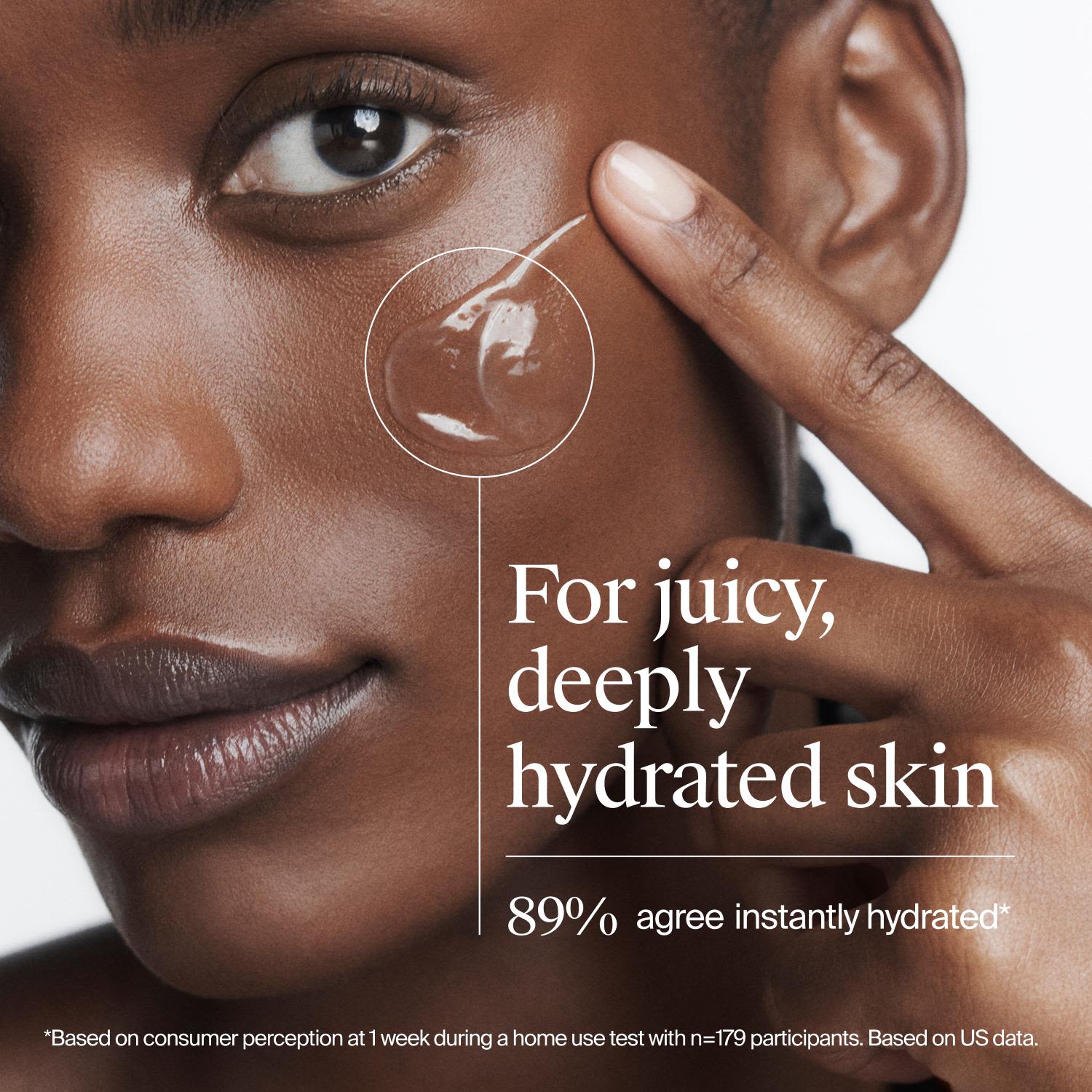 Young woman applying Neutrogena Hydro Boost Gel Cream on her left cheek for deep hydration