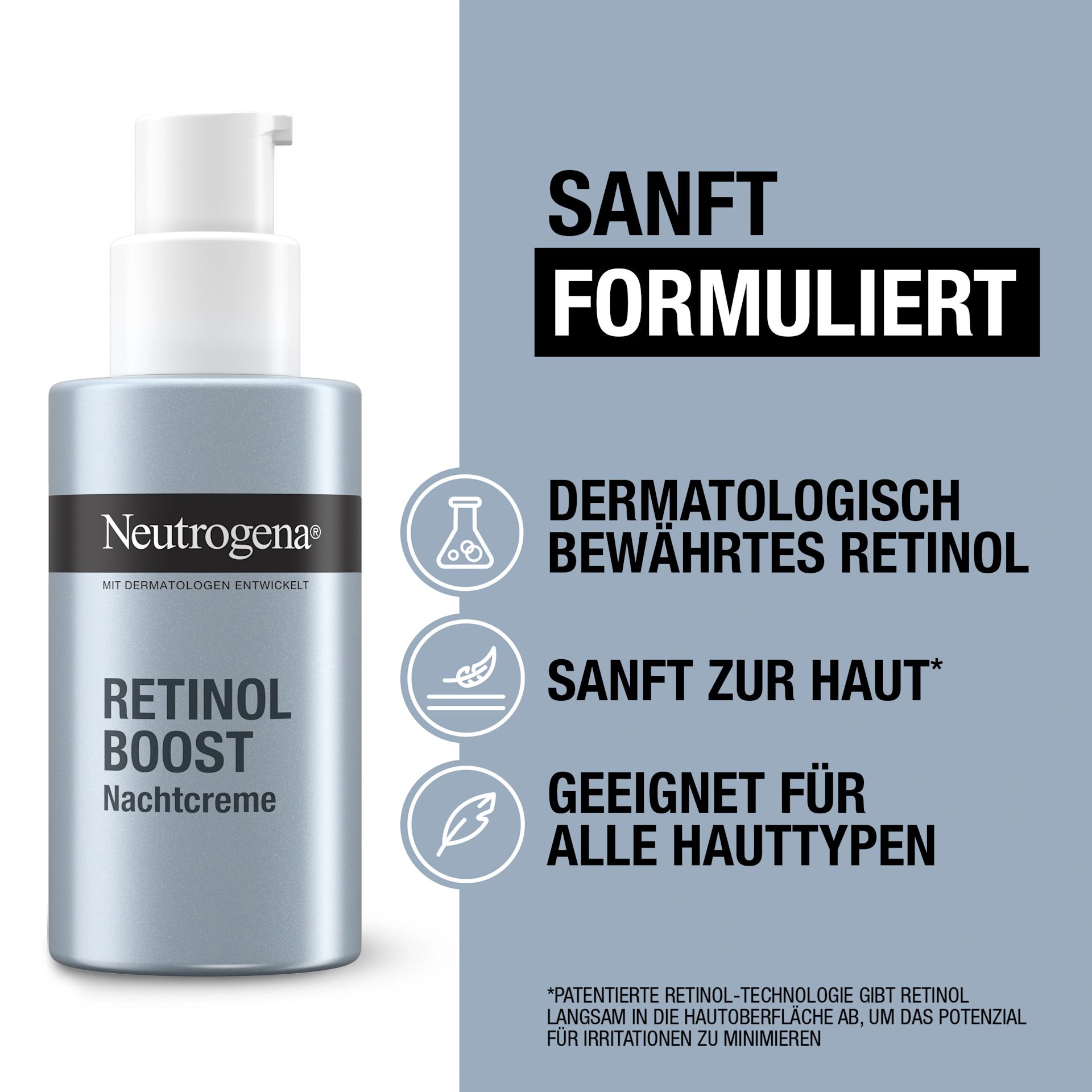Sanft formuliert, dermatologisch bewährtes Retinol, leichte Formel, geeignet für die tögliche Anwendung