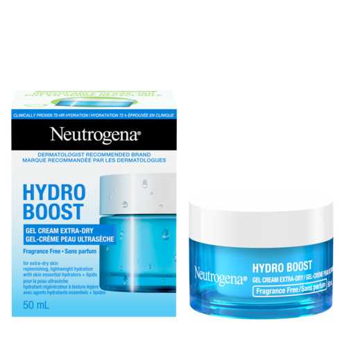 Pot en verre de 50 ml et boîte du gel-crème pour peau ultrasèche NEUTROGENA® Hydro Boost (vus de face)