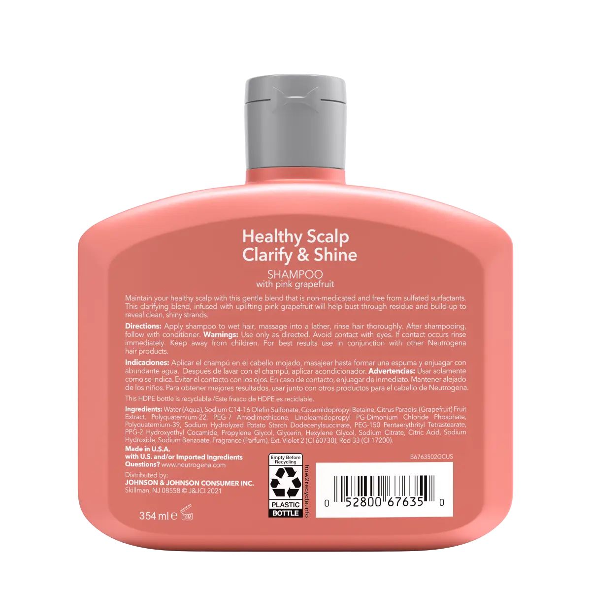 Neutrogena® Healthy Scalp Clarify & Shine Shampoo With Pink Grapefruit, back of pack