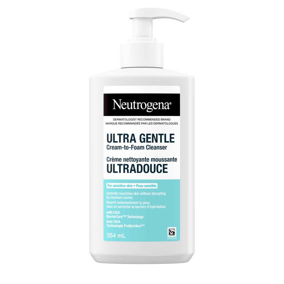Photo de face de la bouteille à pompe de 345 mL de crème nettoyante moussante ULTRADOUCE Neutrogena®