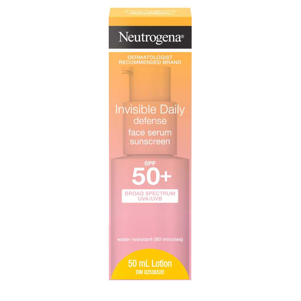 Vue de face de l’emballage du Sérum écran solaire pour le visage Neutrogena® Défense quotidienne Fini invisible, FPS 50+.