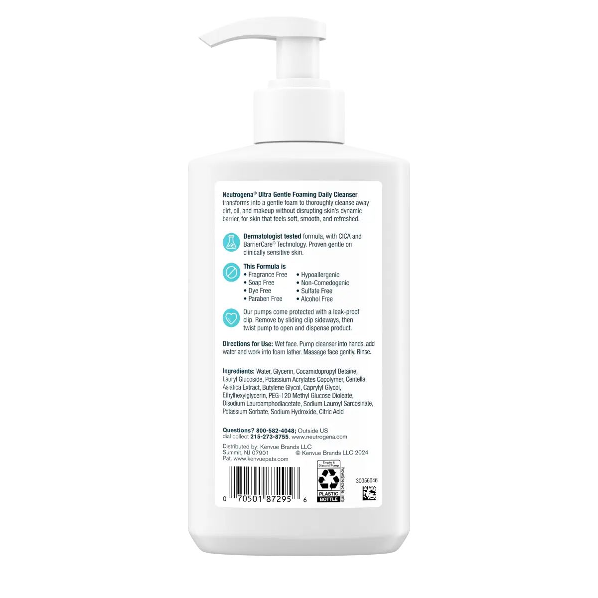 Neutrogena® Ultra Gentle Daily Cleanser, Fragrance Free, 12 Fl. Oz Back of Pack