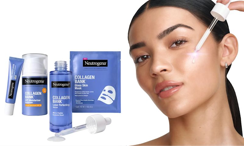 Women applying Neutrogena® Collagen Bank™ Laser Perfecting Serum to face with a dropper next to the newest Collagen Bank® products