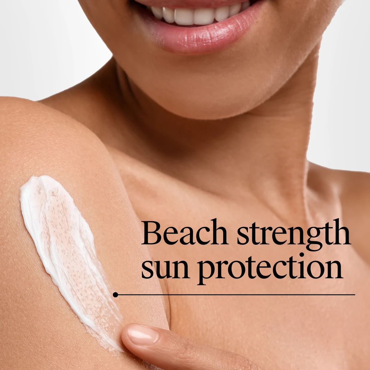 Woman applying Neutrogena® Beach Defense® Water + Sun Protection Sunscreen Stick to skin. Beach strength sun protection