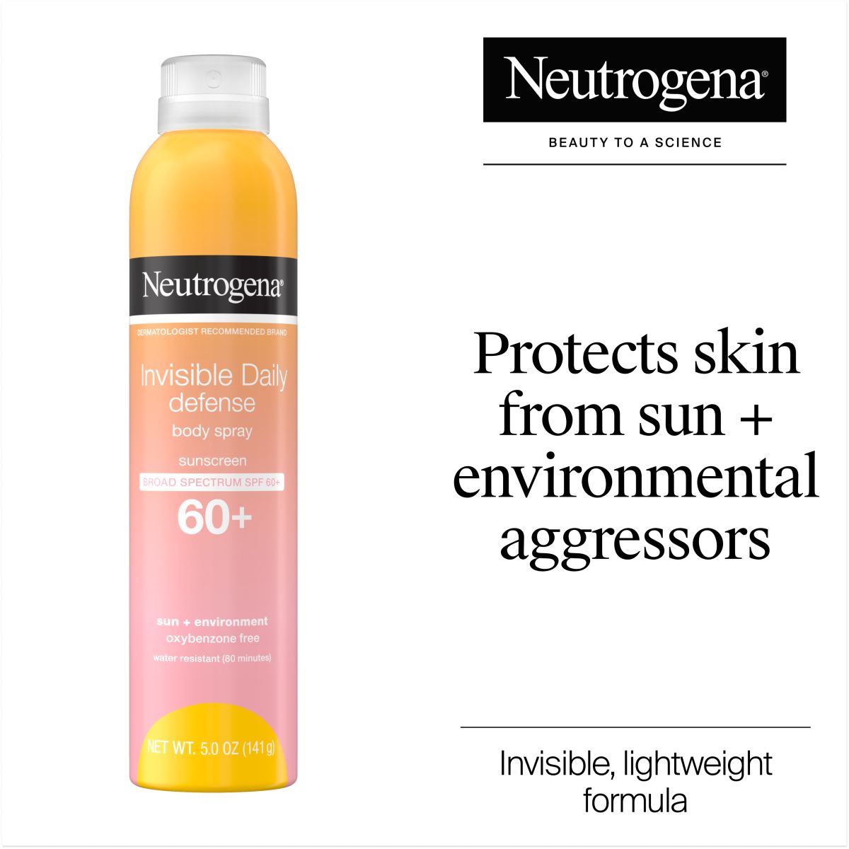 Neutrogena® Invisible Daily defense SPF 60+ body spray protects from sun and environmental aggressors
