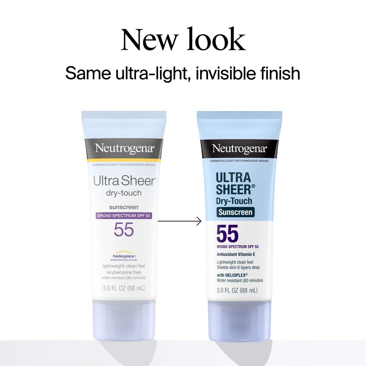 New look; same ultra-light, invisible finish; Ultra Sheer® Dry-Touch Sunscreen SPF 55